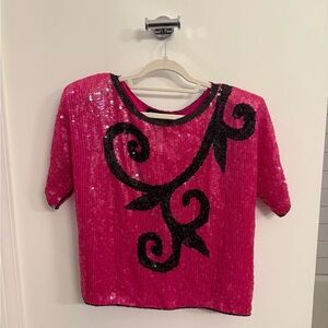 Glamorous Pink Sequin Top with Black Accents